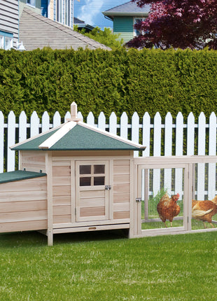 77" Wooden Chicken Coop with Nesting Box, Cute Outdoor Hen House with Removable Tray, Ramp Run, for Garden Backyard, Natural