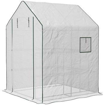 Portable Greenhouse, Water/UV Resistant Walk-In Small Outdoor Green House with 2 Tier Flower Rack Shelves, White