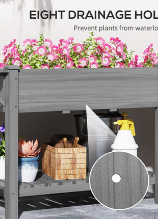 Wood Raised Garden Box, Elevated Garden Bed with Side Table, Bottom Shelf, Bed Liners and Drainage Holes, Gray