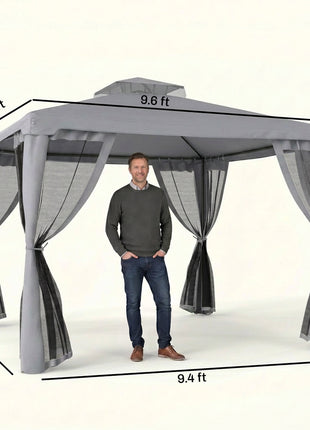 9.6' x 9.6' Patio Gazebo, Outdoor Canopy Shelter with 2-Tier Roof and Netting, Steel Frame for Garden, Lawn, Backyard, and Deck, Gray
