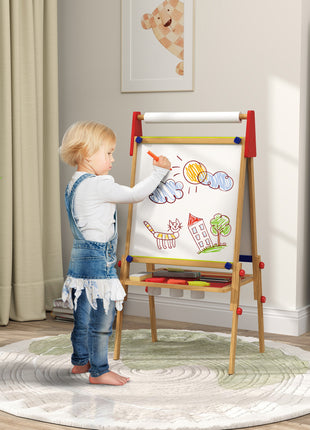 3 in 1 Easel for Kids with Paper Roll, Whiteboard, Chalkboard, Double Sided & Adjustable Height, Nature Wood