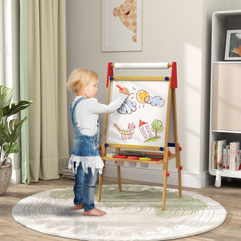 3 in 1 Easel for Kids with Paper Roll, Whiteboard, Chalkboard, Double Sided & Adjustable Height, Nature Wood