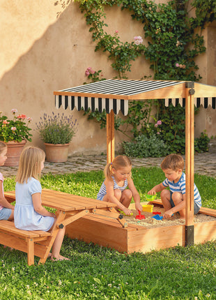 Kids Sandbox with Lid, Wooden Sand Pit with Canopy, Foldable Picnic Table, Bench Seats, Bottom Liner, Cover, Brown