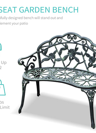 Outdoor Bench, Cast Aluminum Outdoor Furniture, Metal Bench with Floral Rose Accent & Antique Finish, Green