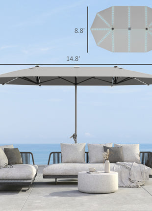 15ft Double-Sided Outdoor Umbrella with Solar Lights, UPF50+ Extra Large Aluminum Patio Umbrella with Crank, Dark Gray