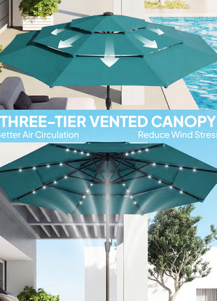 9.7 ft Outdoor Patio Umbrella with Solar LED Lights, 3 Tier Outdoor Table Umbrella with Tilt, Crank, Teal