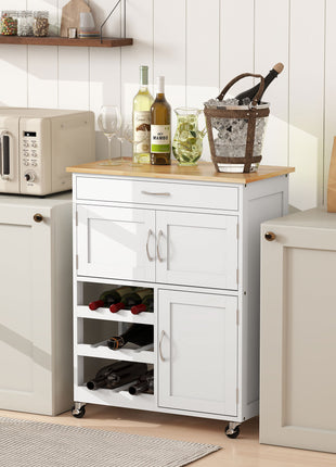 Rolling Kitchen Cart, Kitchen Island with Storage Drawer, 9-bottle Wine Rack, Door Cabinets, Wooden Countertop, White