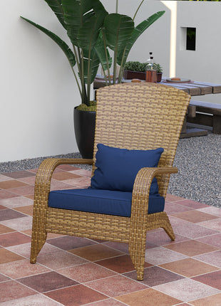 Patio Adirondack Chair with Rattan Wicker, Soft Cushions, Tall Curved Backrest for Deck or Garden, Dark Blue