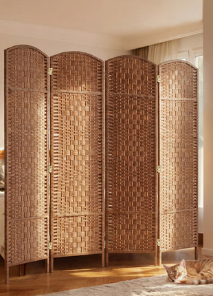 Room Divider 4 Panel, 6FT Tall Folding Privacy Screen, Freestanding Hand-Woven Partition for Room Separation with 360° Hinges, Paper Rope Diamond Weave, Natural