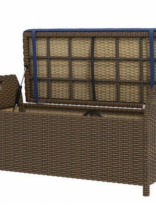 Outdoor Patio Wicker Storage Bench, 2-In-1 Rattan Patio Furniture, 29 Gal Storage Box w/ Cushion, Dark Blue
