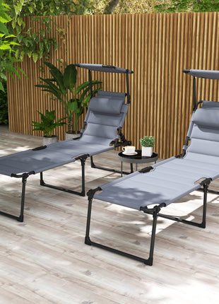 2 Pcs Outdoor Lounge Chair, 4 Position Adjustable Backrest, Folding, Cushioned w/ Sun Shade Roof & Pillow, Gray