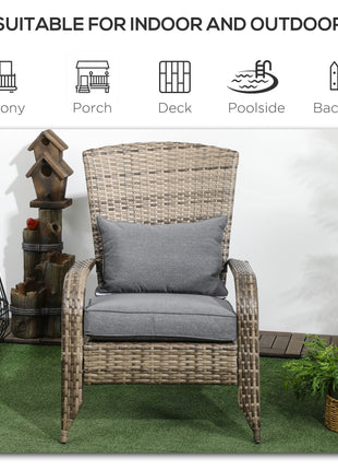 Patio Wicker Adirondack Chair, Outdoor All-Weather Rattan Fire Pit Chair w/ Soft Cushions, Tall Curved Backrest and Comfortable Armrests for Deck or Garden, Mixed Tan/Dark Gray