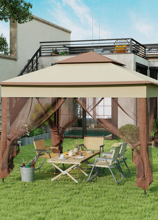 Outdoor Patio Pop Up Canopy Gazebo Shelter with Zipper Netting, Carry Bag, 11' x 11', Khaki