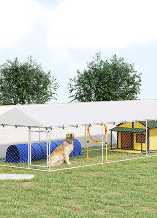 20' x 7.5' x 5' Dog Kennel Outdoor for Large Dogs with Waterproof Roof, Silver