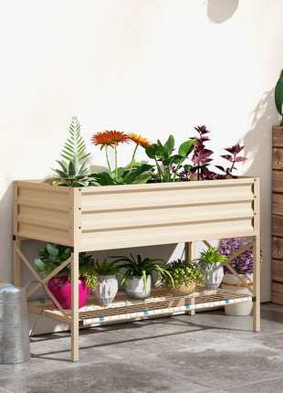 Galvanized Raised Garden Bed, Metal Planter Box with Legs, Storage Shelf and Bed Liner, Cream