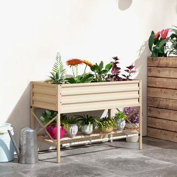 Galvanized Raised Garden Bed, Metal Planter Box with Legs, Storage Shelf and Bed Liner, Cream