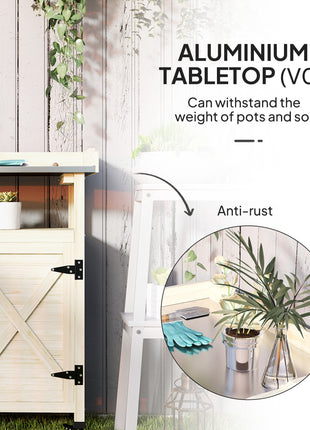 Outdoor Wooden Potting Bench with Storage Cabinet, Aluminum Tabletop, Rubber Wheels for Backyard, Patio, Natural Wood