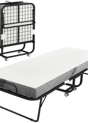 Folding Bed with Mattress for Adults, Single Size, Portable Foldable Bed with Memory Foam Mattress & Steel Frame, White