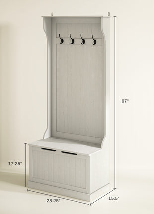 Hall Tree with Coat Rack, Storage, and Sitting Bench, Cream White