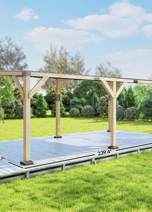 10' x 20' Wooden Gazebo, Hardtop Lean-to Gazebo Pergola with Galvanized Steel Sloped Roof, Light Walnut
