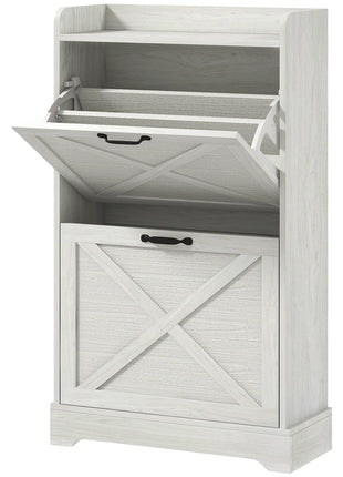 Slim Shoe Storage Cabinet, Farmhouse Shoe Cabinet with 2 Flip Drawers, Adjustable Shelves for 8 Pairs, Distressed White