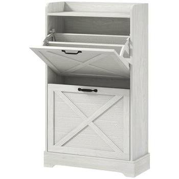 Slim Shoe Storage Cabinet, Farmhouse Shoe Cabinet with 2 Flip Drawers, Adjustable Shelves for 8 Pairs, Distressed White