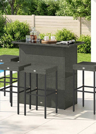 5 Piece Rattan Wicker Bar Set, High Top Outdoor Table and Chairs, Bar Height Patio Set, 2 Shelves & 4 Bar Stools, Gray