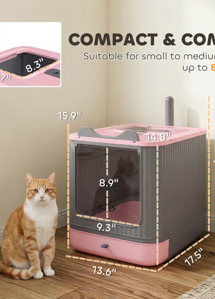 Cat Litter Box with Lid, Enclosed Litter Box for Medium Cats, Front-Entry and Top-Exit, Scoop, Deodorizer Bag, Pink