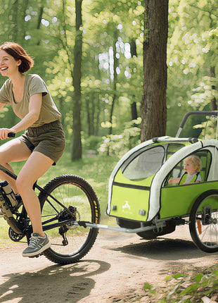 2-Seat Elite 360 Swivel Bike Trailer for Kids Bicycle Cargo Trailer with Water-Resistant Windows, Green and White