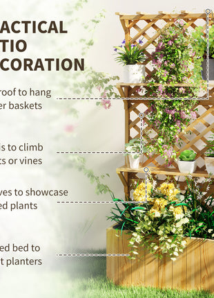 Raised Garden Bed, Wooden Planter with Trellis, Hanging Roof, Plant Shelf, Drainage Holes and Bed Liner, Natural