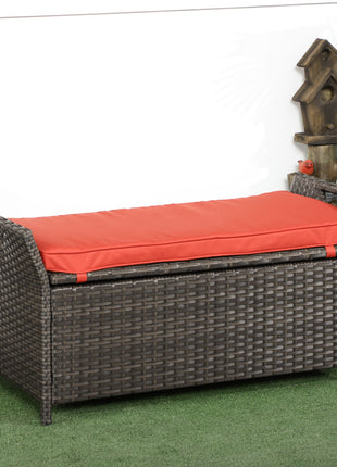 29 Gallon Patio Wicker Storage Bench, Outdoor PE Rattan Furniture, 2-In-1 Large Capacity Rectangle Garden Storage Box with Handles and Cushion, Red