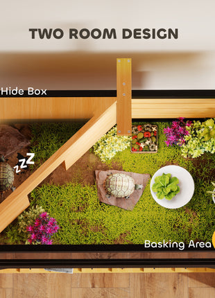 Wooden Tortoise Habitat with Storage Shelf, Tortoise Enclosure with Clear Windows, Openable Top, Lamp Holder, Yellow