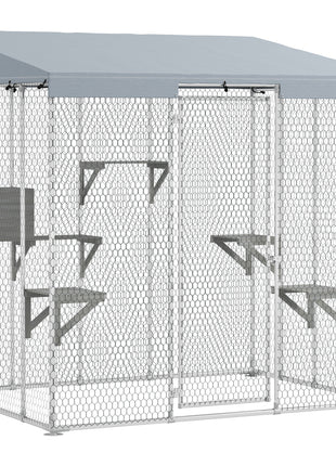 79" Galvanized Steel Large Catio with Waterproof Canopy, Sleeping Box, Jumping Platforms, for 1-3 Kittens, Silver