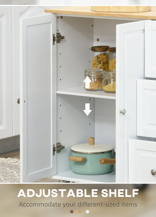 Kitchen Island with Drop Leaf, Rolling Kitchen Cart on Wheels with 3 Drawers, Cabinet, Natural Wood Top, Spice Rack and Towel Rack, White