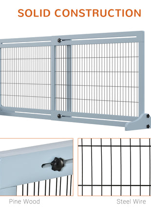 71" W x 27.25" H Extra Wide Freestanding Pet Gate with Adjustable Length Dog, Cat, Barrier for House, Doorway, Hallway, Blue-Gray