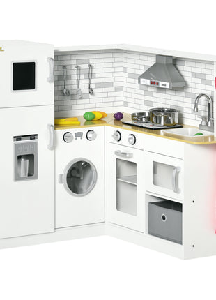 Corner Play Kitchen Set with Sound Effects and Tons of Countertop Space, Large Wooden Kitchen with Washing Machine, Food Toys, Ice Maker, Kids Kitchen, Ages 3-6, White