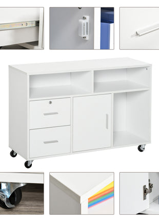 Printer Stand Home Office Mobile Storage Cabinet Organizer Desktop with Caster Wheels, 2 Locking Breaks and Drawer, White