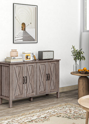 Sideboard Buffet with 4 Barn Doors and 2 Adjustable Shelves, Kitchen Buffet Cabinet for Living Room, Hallway, Gray