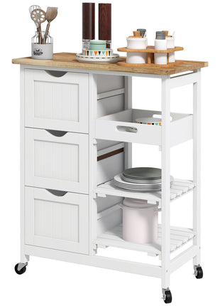 Rolling Kitchen Cart, Kitchen Island with Wood Top, Shelves & Drawers for Dining Area, White