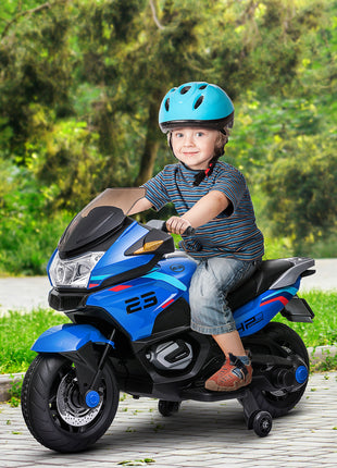 12V Kids Electric Motorcycle with Training Wheels, Battery Power Ride on Motorbike, High-Traction at 3.7 Mph Top Speed, with Light Music, Blue