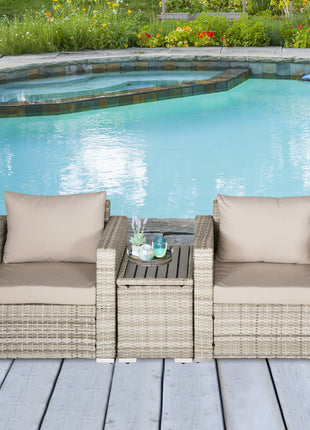 3 Piece Patio Furniture Set, PE Rattan Small Wicker Balcony Furniture, Table & Chairs with Cushions Composite Table, Conversation Set for Apartment, Gray