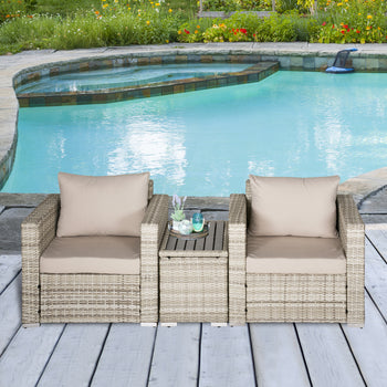 3 Piece Patio Furniture Set, PE Rattan Small Wicker Balcony Furniture, Table & Chairs with Cushions Composite Table, Conversation Set for Apartment, Gray