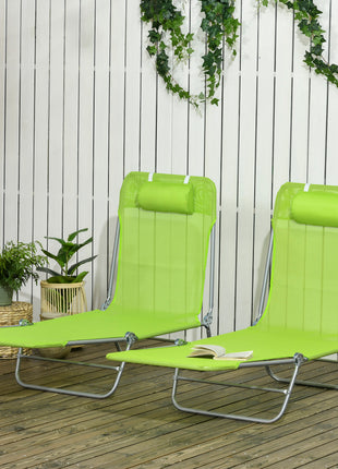 2 Piece Folding Chaise Lounge Chairs, Pool Sun Tanning Chairs with Reclining Back, Breathable Mesh Seat, Headrest for Beach, Yard, Patio, Green