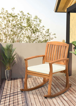 Outdoor Rocking Chair with Cushion, Acacia Wood Patio Rocker for Backyard, Patio, Home, Teak Tone