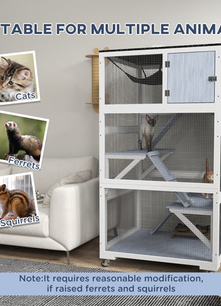 Catio, Outdoor Cat Enclosure House on Wheels with Hammock, Gray