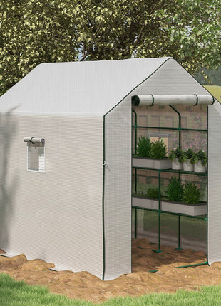 Portable Greenhouse, Water/UV Resistant Walk-In Small Outdoor Green House with 2 Tier Flower Rack Shelves, White