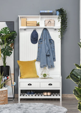3-in-1 Hall Tree, Entryway Bench with Coat Rack, Mudroom Bench with Shoe Rack, 2 Storage Drawers, 4 Hooks and Padded Seat Cushions for Hallway, White