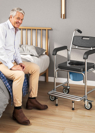 3-in-1 Shower Commode Wheelchair, Accessible Transport Commode Medical Rolling Chair, Black