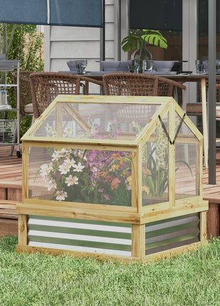 Raised Garden Flower Bed Kit with Greenhouse, Wooden Cold Frame Planter, 35.5" x 31.5" x 36", Natural
