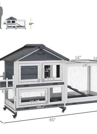 65" Wooden Rabbit Hutch, Pet Playpen with Openable Roof & Storage Box for Rabbits and Small Animals, Gray